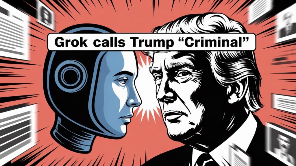 Illustration of an AI robot face-to-face with Donald Trump, headline reading “Grok calls Trump ‘Criminal’,” representing AI commentary on politics.