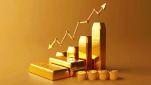 Gold bars and coins symbolizing current gold price trends and market updates.