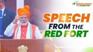 Prime Minister Narendra Modi delivering 79th Independence Day speech at Red Fort, highlighting unity, national security, self-reliance, and economic reforms.
