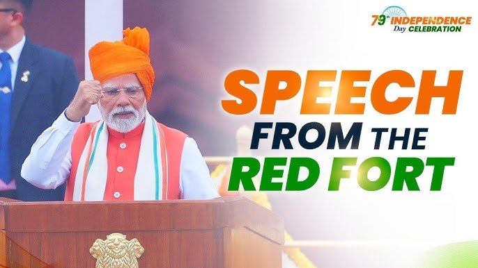 Prime Minister Narendra Modi delivering 79th Independence Day speech at Red Fort, highlighting unity, national security, self-reliance, and economic reforms.