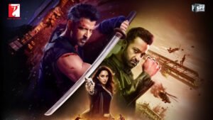 War 2 movie poster featuring Kiara Advani, Jr NTR, and Hrithik Roshan in action-themed visuals.